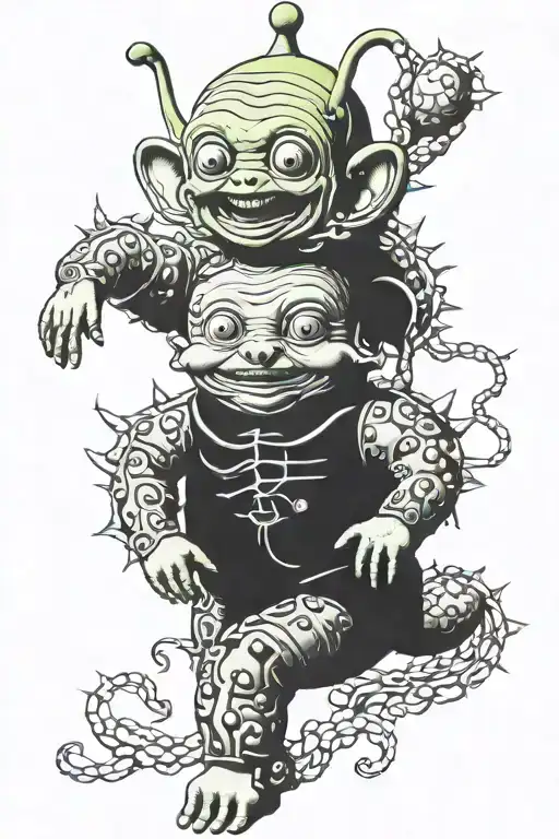 cursed teletubbies doll with centipede tattoo design idea