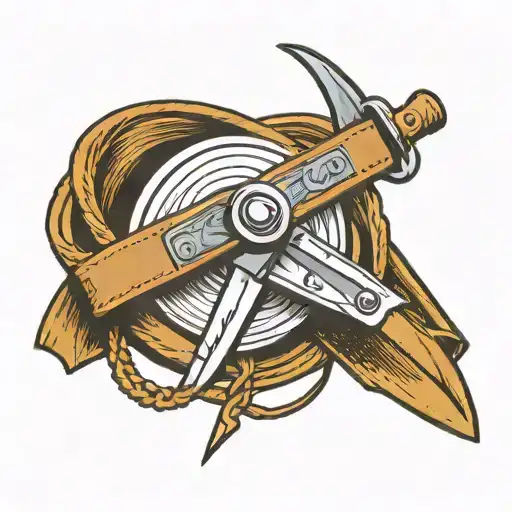 a yoyo circled by a judo belt with a large bowie knife diagonally behind it.  tattoo design idea