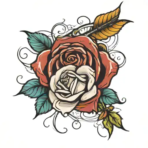the main element is a rose, the secondary element is a whip and the element is a burnt rag. tattoo design idea
