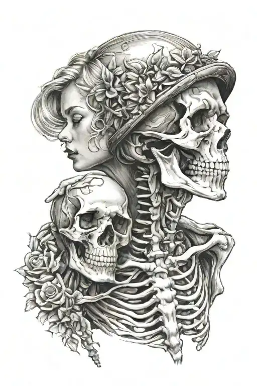 full woman kissing a skeleton tattoo design idea