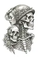 full woman kissing a skeleton tattoo design idea