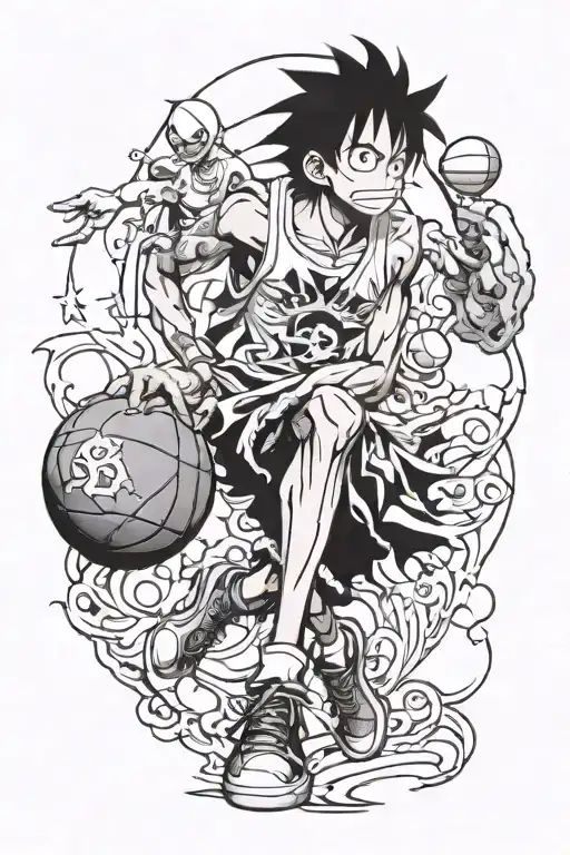 anime character from One Piece Luffy and something connected to basketball and kobe bryant tattoo design idea
