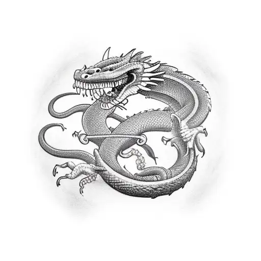 A realistic portrait of a dragon and cobra intertwined tattoo design idea