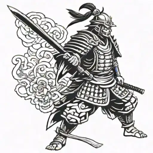 samurai warrior standing from side perspective  tattoo design idea
