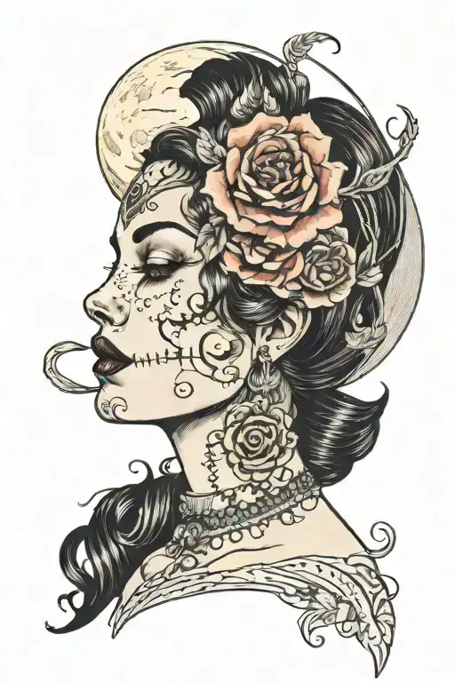 girl with black hair, moon above head, closed eyes with make-up, mole above lip, skull coming out of face tattoo design idea
