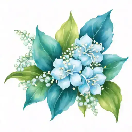 blue hydrangea and Lily of the valley bouquet wrapped tattoo design idea