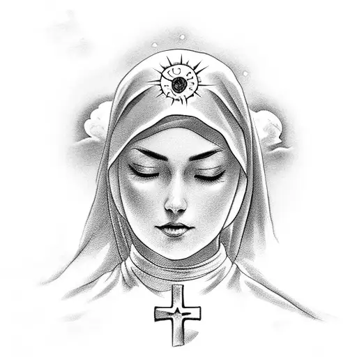 young nun with sun, cloud, rose and cross tattoo design idea