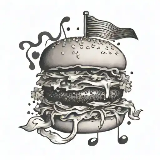 A dotwork tattoo design of a hamburger with musical notes and gaming symbols integrated into the design, combining your passions in a unique way tattoo design idea