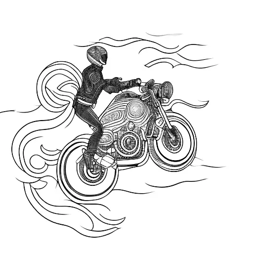 An intricate blackwork tattoo of a motorcycle cruising along a winding road near the sea. tattoo design idea