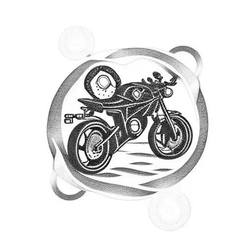 An intricate blackwork tattoo of a motorcycle cruising along a winding road near the sea. tattoo design idea