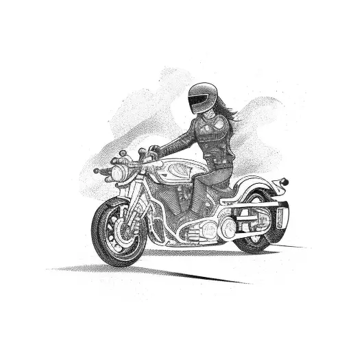 An intricate blackwork tattoo of a motorcycle cruising along a winding road near the sea. tattoo design idea