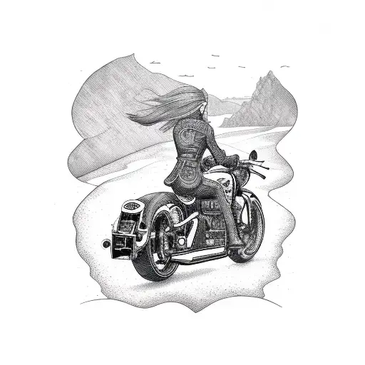 An intricate blackwork tattoo of a motorcycle cruising along a winding road near the sea. tattoo design idea