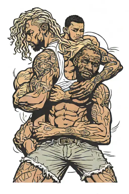 a tall muscular black man carries on his back a young blonde European teenager who is thin and fragile tattoo design idea