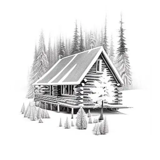 cabin in the woods with woodland animals tattoo design idea