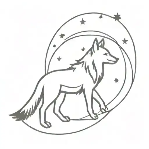 A minimalist tattoo design of a wolf howling at the moon, incorporating elements of astrology symbols to represent your passion for both animals and astrology tattoo design idea
