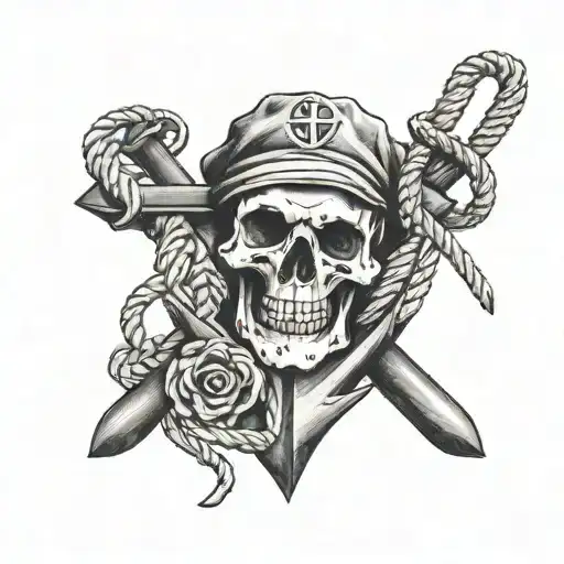 anchor, skull, rope intertwined tattoo design idea
