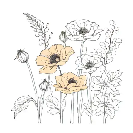 minimal single row flowers in line poppy rose and snow drop  tattoo design idea