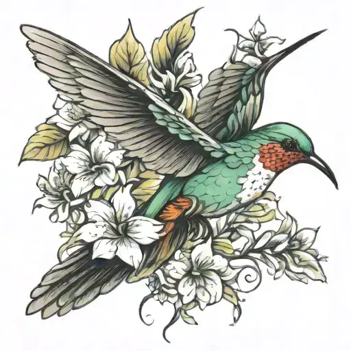 humming bird with flowers tattoo design idea