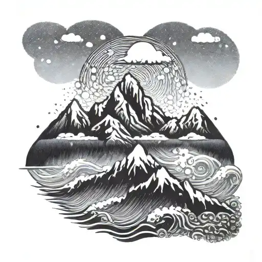 mountain with ocean waves tattoo design idea