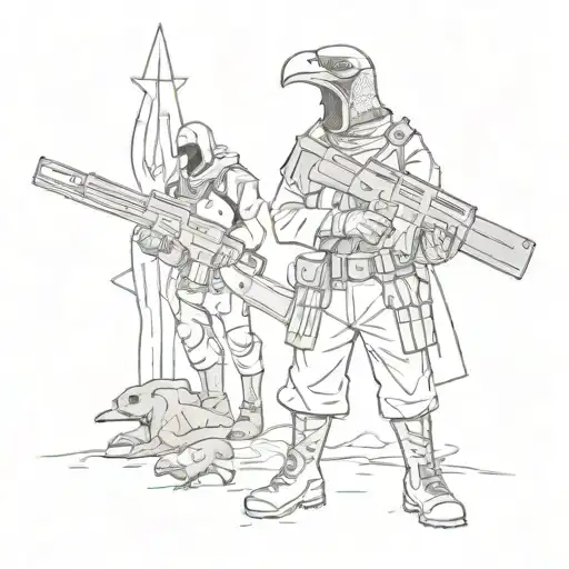 A soldier-undertaker holding a shovel in one hand, an AK-12 assault rifle with a collimator in the other, and next to him a raven sitting on a cross tattoo design idea
