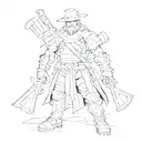To create a tattoo design with a warrior undertaker holding a shovel and an AK-12 with a collimator, here is a detailed description tattoo design idea
