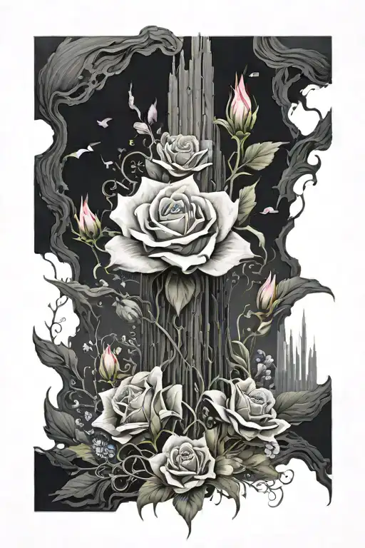the dark tower surrounded by flowers tattoo design idea