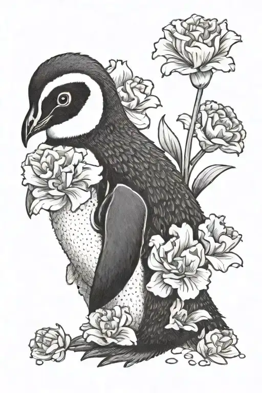baby penguin and carnation flower growing tattoo design idea