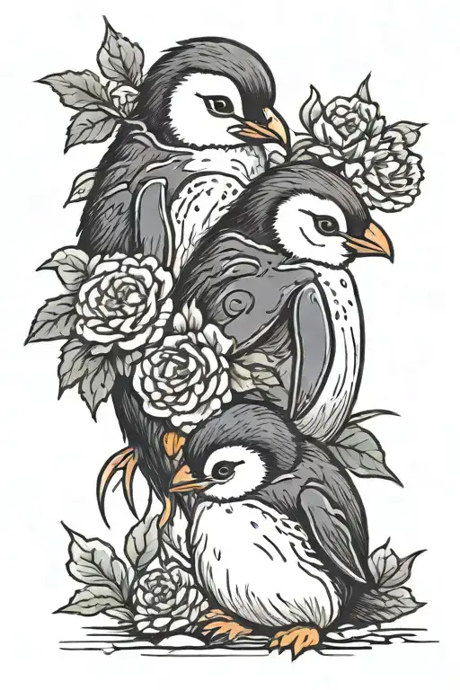 baby penguin and carnation flower intertwined tattoo design idea
