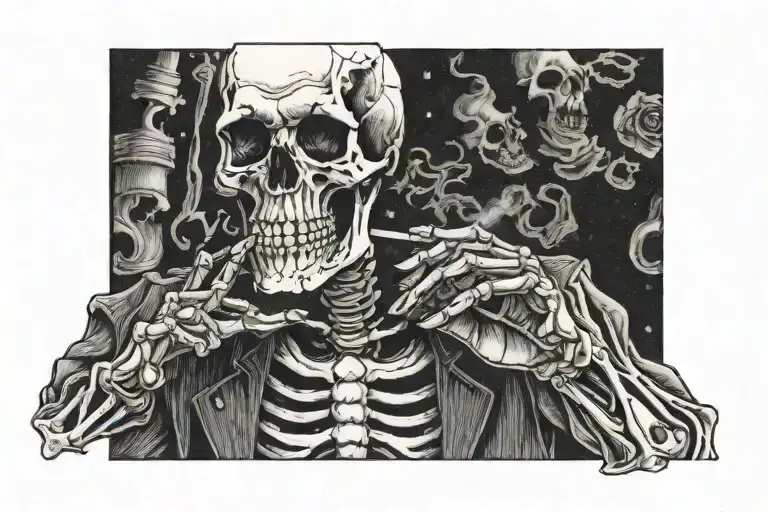 Skeleton smoking a cigarette tattoo design idea