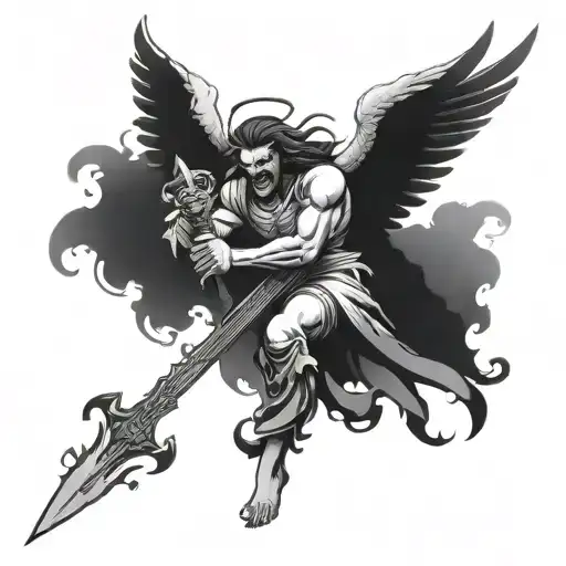 An angel holding a sword is flying in the sky fighting a demon. There are piles of demon corpses on the ground.4k tattoo design idea