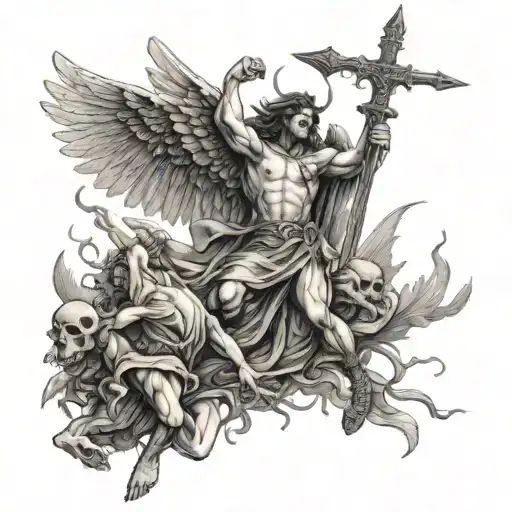 An angel holding a sword is flying in the sky fighting a demons. There are piles of demon corpses on the ground.4k tattoo design idea