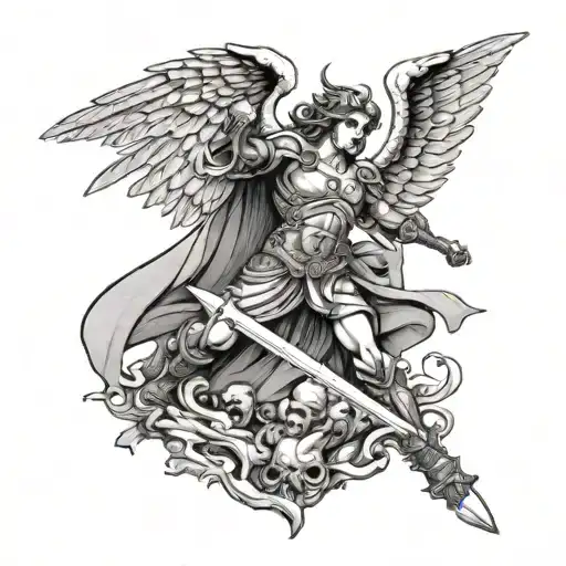 An angel holding a sword is flying in the sky fighting a demon. There are piles of demon corpses on the ground. tattoo design idea