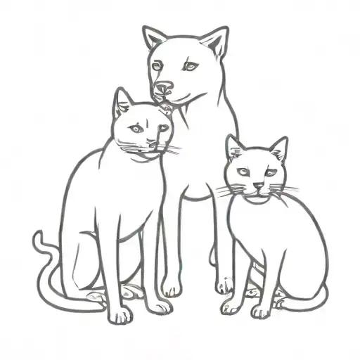 2 staffy and a cat silhouette standing proudly with each other with cat in the middle tattoo design idea