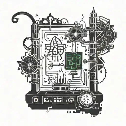 A magical computer circuitry design intertwined with candles and mystical symbols tattoo design idea