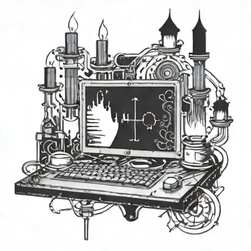 A magical computer circuitry design intertwined with candles and mystical symbols tattoo design idea
