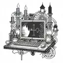 A magical computer circuitry design intertwined with candles and mystical symbols tattoo design idea