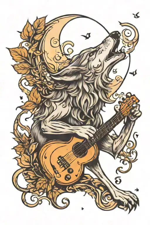 A wolf howling at the moon with a background of vine leafs and musical instruments tattoo design idea