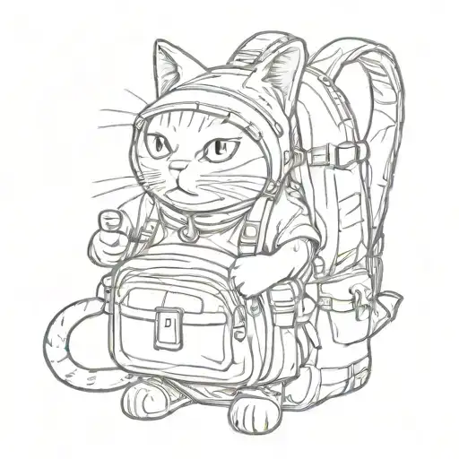 A sketch tattoo of a cartoon cat wearing a backpack and exploring different countries tattoo design idea