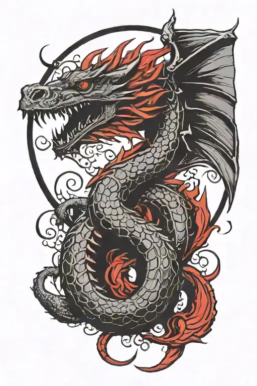 minimalist red dragon, only black and red colors, frames tattoo design idea