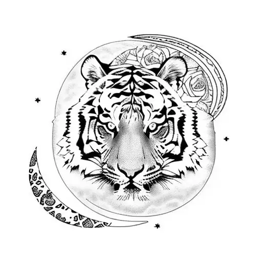 Tiger with moon and roses tattoo design idea