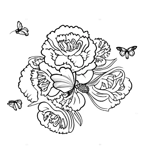 two carnations and one violet with two butterflies  tattoo design idea