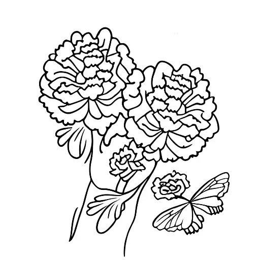 two carnations and one violet on stems with two butterflies  tattoo design idea