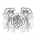 two carnations and one violet on stems with two butterflies  tattoo design idea
