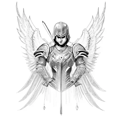 An archangel in armor rising tattoo design idea
