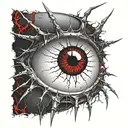 Satanic Realistic Eye, cracked and bleeding. dark black blood red. Bleeding Thorns black spider web and Silver Horns tattoo design idea