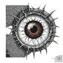 Satanic Realistic Eye, cracked and bleeding. dark black blood red. Bleeding Thorns black spider web and Silver Horns tattoo design idea