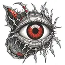 Satanic Realistic Eye, cracked and bleeding. dark black blood red. Bleeding Thorns black spider web and Silver Horns tattoo design idea