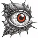 Satanic Realistic Eye, cracked and bleeding. dark black blood red. Bleeding Thorns black spider web and Silver Horns tattoo design idea