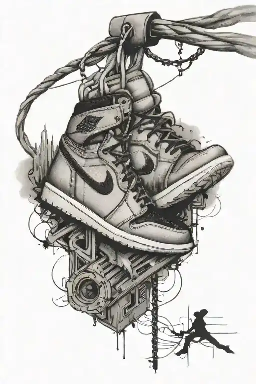 Nike Jordan 1s hanging from a powerline with a city background tattoo design idea