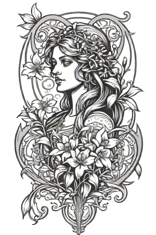 circe astrology symbol incorporated with snowdrop flowers tattoo design idea